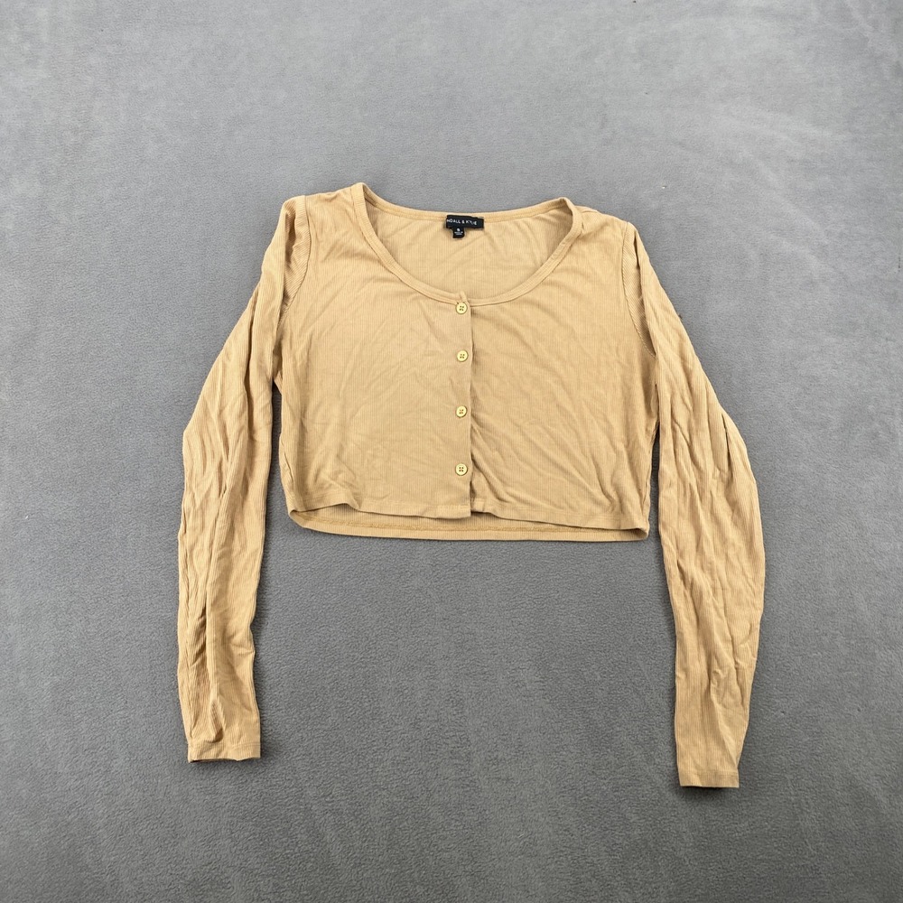 Kendall & Kylie Womens Tan Ribbed Knit Button Front Crop Top Long Sleeve Small